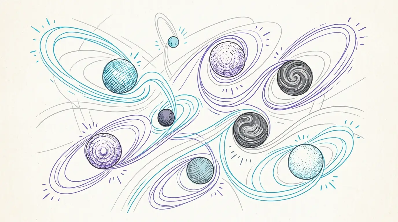 Ilustração em traço limpo de pontos circulares texturizados (não planetas) puxando fitas de energia em órbitas — símbolo da unilateralidade da consciência e da perda de energia na depressão
