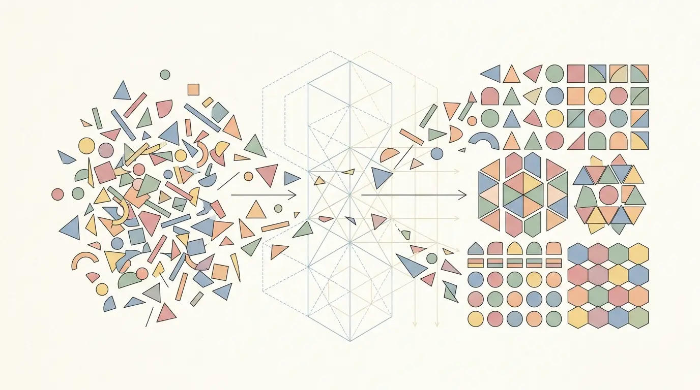 Ilustração vetorial minimalista com formas geométricas abstratas: círculos, triângulos e retângulos sobrepostos em cores pastéis suaves; linhas limpas e design plano formando estruturas organizadas que sugerem moldes invisíveis ordenando o caos; sem figuras humanas; transmite a ideia de padrões subjacentes e arquitetura simbólica da mente.