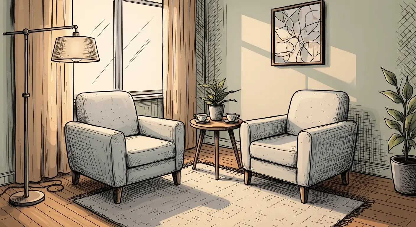 Ilustração de um consultório psicológico com duas poltronas confortáveis frente a frente, mesa central e plantas, representando um ambiente acolhedor e seguro para sessões de terapia.