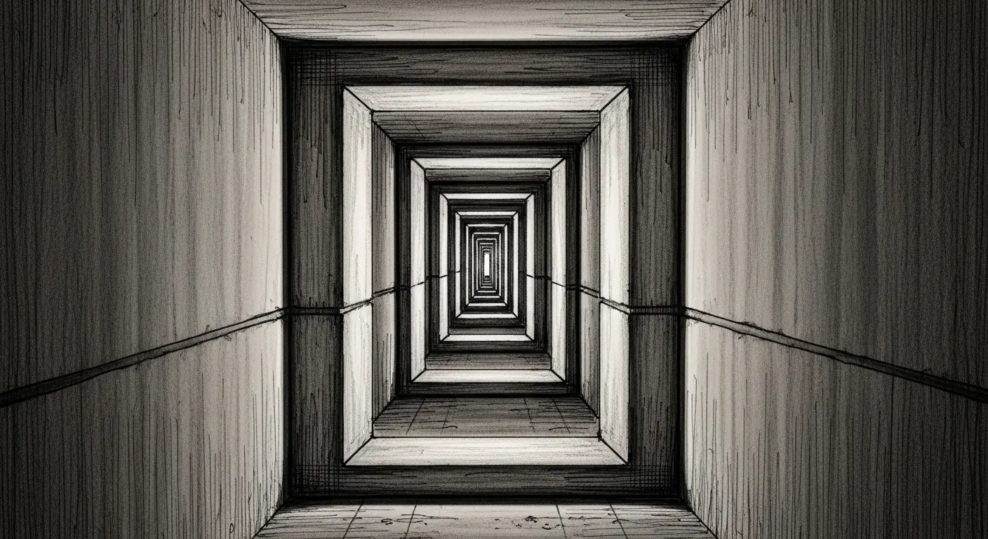 Corredor estreito em estilo desenho com paredes convergindo em perspectiva forçada, luz fraca visível no final do túnel, tons de cinza e bege, transmitindo sensação de confinamento e claustrofobia