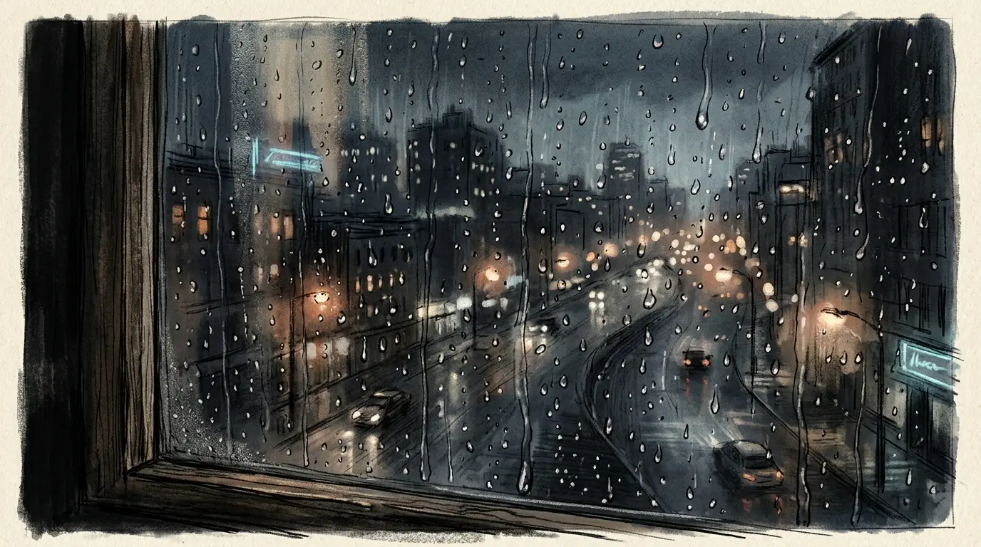 Vista urbana chuvosa através de uma janela com gotas no vidro, reflexos suaves das luzes da cidade ao fundo criam uma atmosfera melancólica e introspectiva, sem pessoas visíveis.