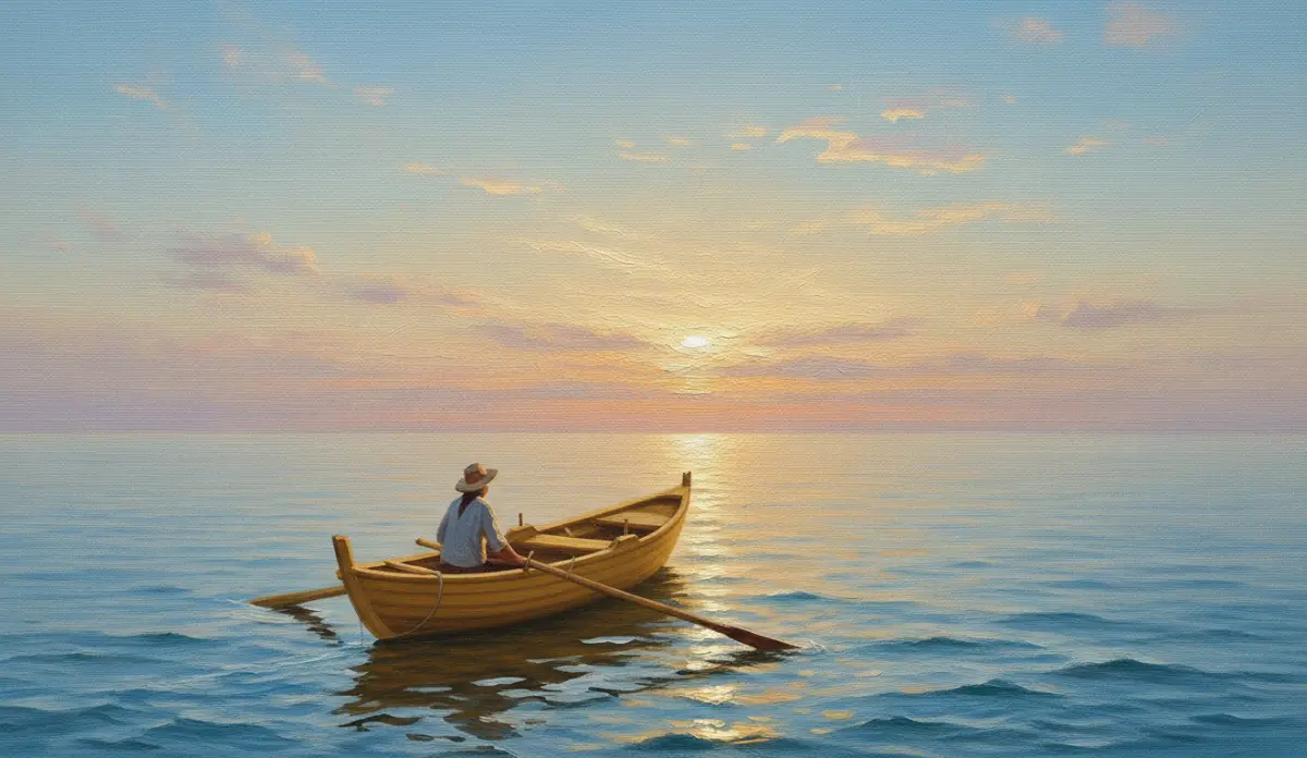 Pintura a óleo de uma pessoa em um barco a remo no oceano ao pôr do sol, simbolizando a direção consciente da própria vida e o cultivo da paz interna e confiança.