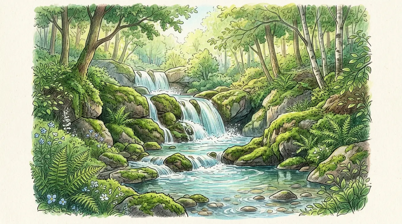 Cachoeira de águas cristalinas descendo suavemente entre pedras cobertas de musgo, com luz natural filtrada pelas árvores em tons de azul turquesa e verde suave.