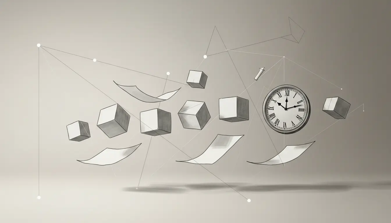 Objetos flutuando desalinhados representando sintomas de ansiedade, como pensamentos acelerados e sensação de instabilidade mental.