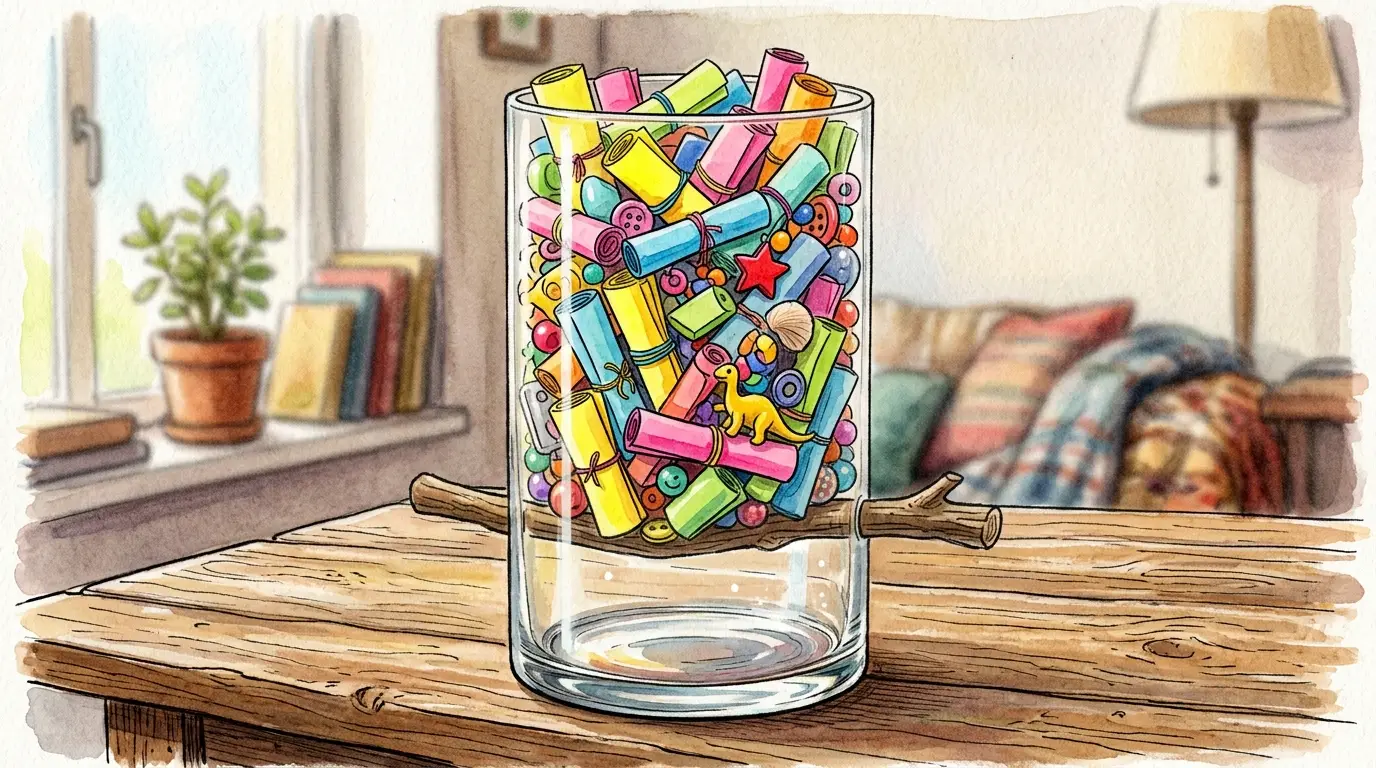 Jarra de vidro transparente sobre uma mesa de madeira, preenchida com papéis coloridos e pequenos objetos, mas mantendo o fundo completamente vazio.