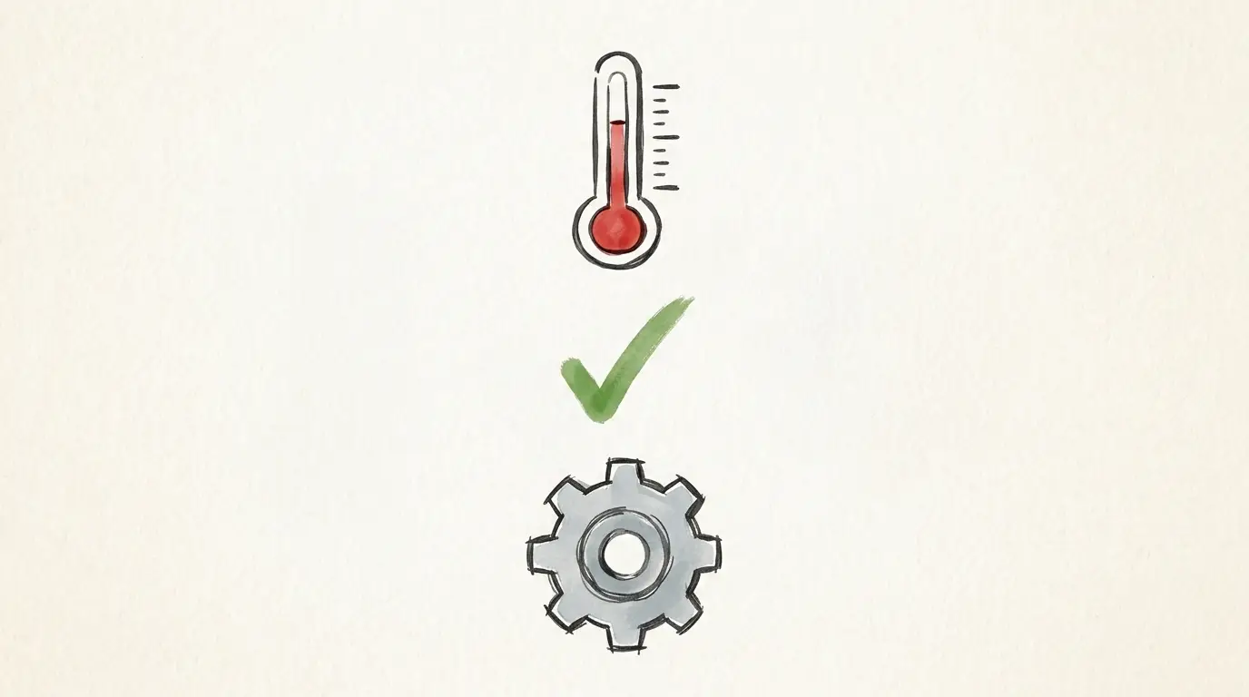 Ilustração minimalista com termômetro e ícone de check ao lado de uma engrenagem, simbolizando que sugestões leves podem atuar junto com um processo terapêutico de conscientização e integração.