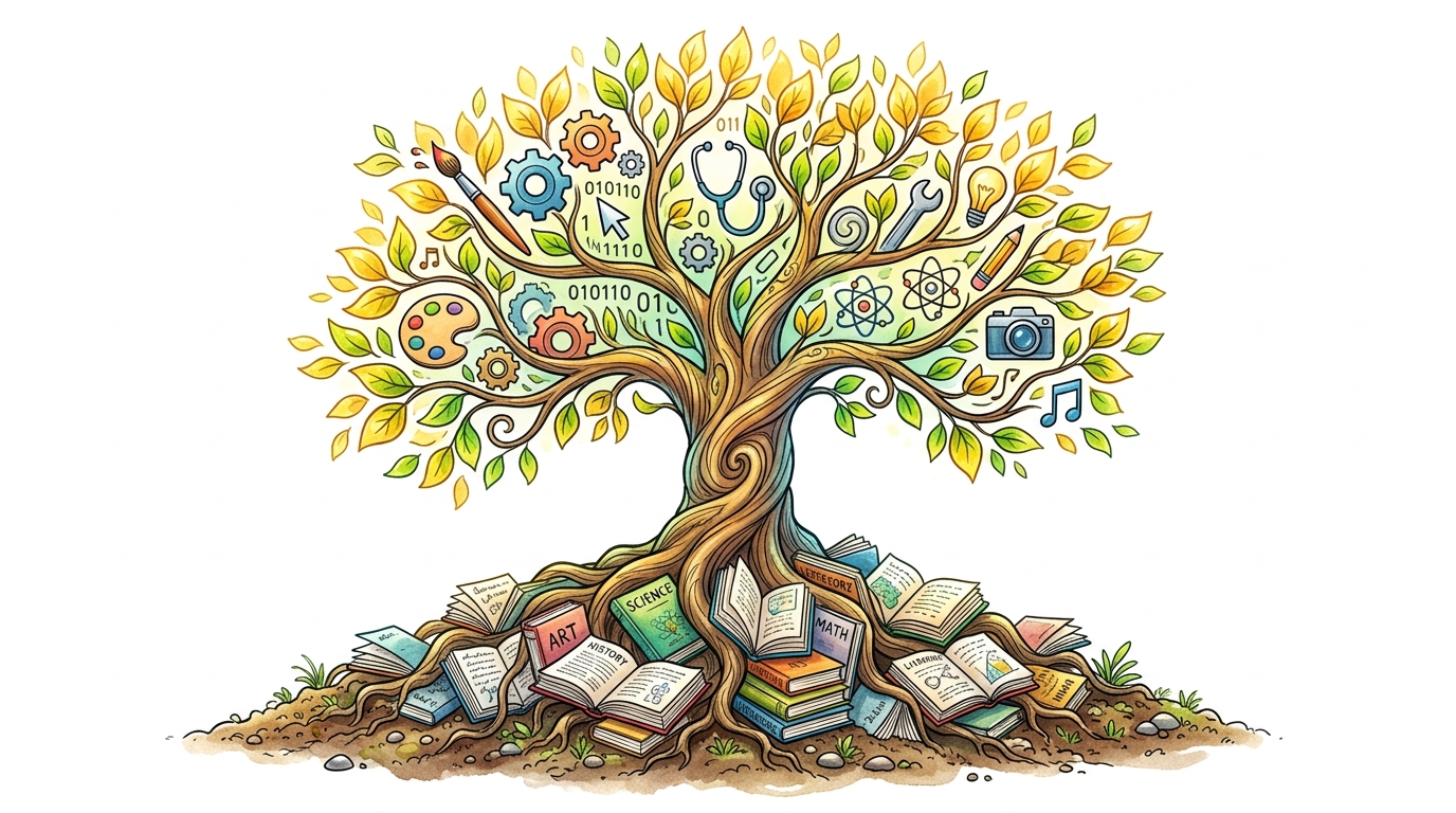 Ilustração em desenho de uma árvore estilizada onde as raízes são formadas por livros e cadernos abertos, simbolizando o conhecimento base, enquanto os galhos se transformam em ícones de diversas profissões modernas, como engrenagens, pincéis e códigos, representando o crescimento e a diversidade de carreiras possíveis.