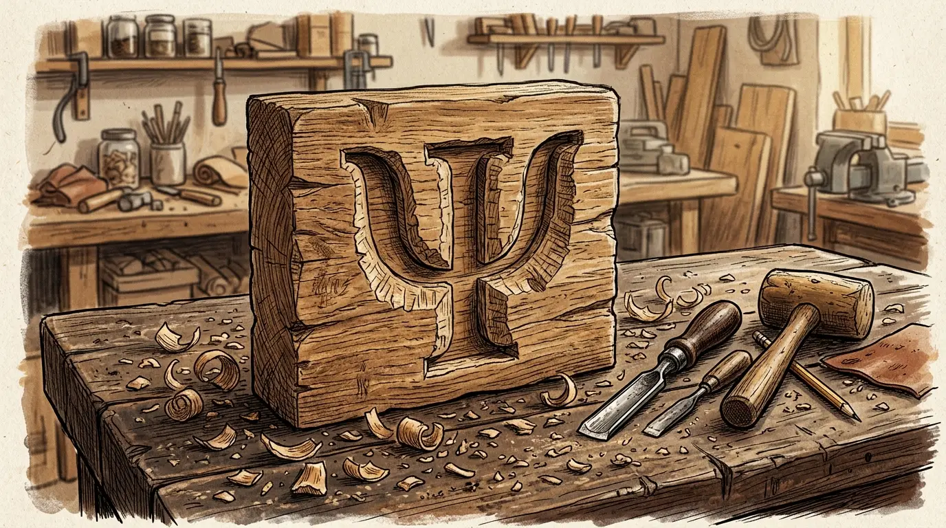 Símbolo da psicologia (Ψ) esculpido à mão numa placa de madeira rústica sobre mesa de ateliê; lascas de madeira e ferramentas manuais (formões, goiva) espalhadas, iluminação quente e textura de grão visível.