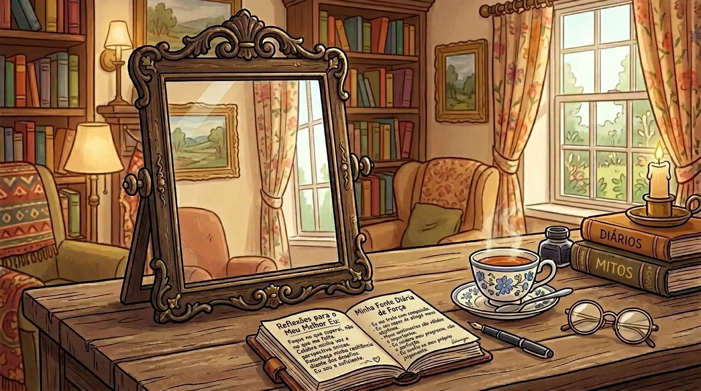 Espelho antigo sobre mesa de madeira com caderno, caneta, xícara de chá e óculos; itens sugerem rotina e autocuidado, o reflexo mostra apenas o ambiente ao redor indicando autorreflexão e individuação, simbolizando a busca por equilíbrio entre transformação pessoal e adaptação social.