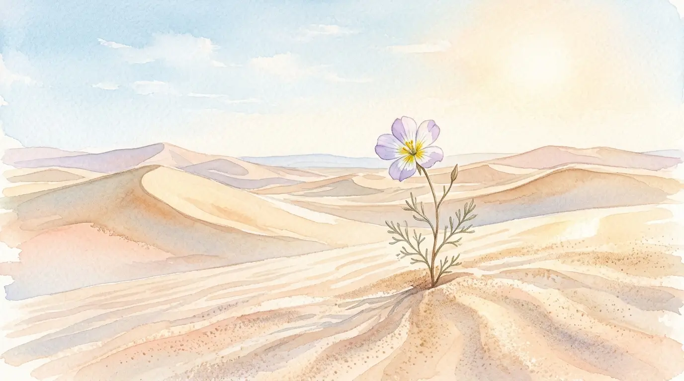 Ilustração onde uma flor brilhante brota da areia, simbolizando o potencial do inconsciente e do vazio emocional na psicologia analítica.