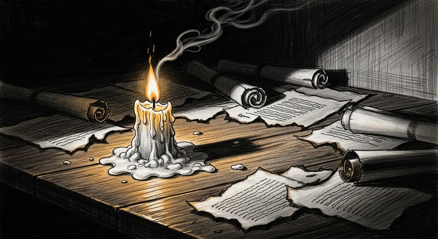 Vela quase apagada sobre uma mesa coberta por papéis e documentos, simbolizando exaustão mental, sobrecarga e burnout no ambiente de trabalho.