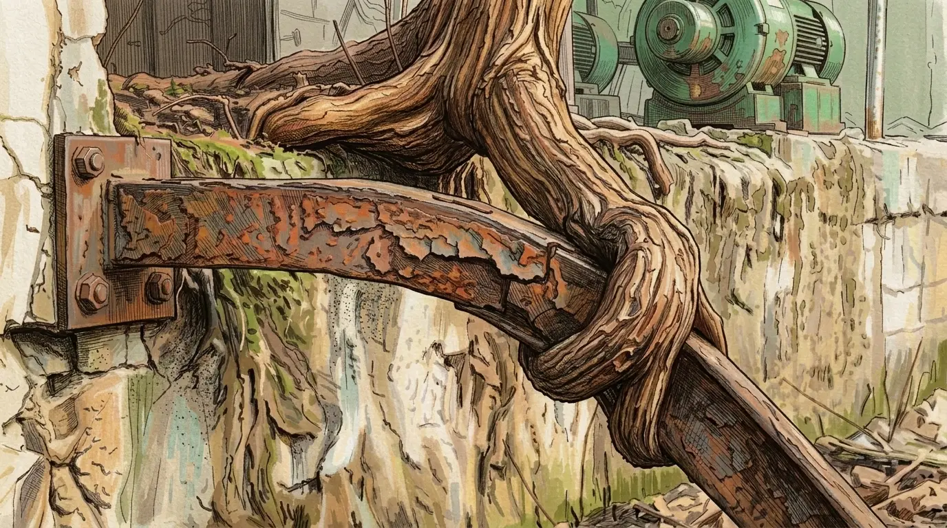 Ilustração em estilo de linhas e tons terrosos mostrando uma raiz grossa de árvore envolvendo e entortando uma viga de ferro enferrujada em um ambiente industrial. Representa a força da natureza e da psique resistindo à estrutura rígida do excesso de trabalho.