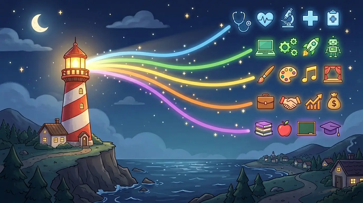 Farol iluminando múltiplas rotas coloridas com ícones de profissões (engrenagem, laptop, lápis, gráfico) sobre um fundo noturno suave, estilo desenho e sem figuras humanas.