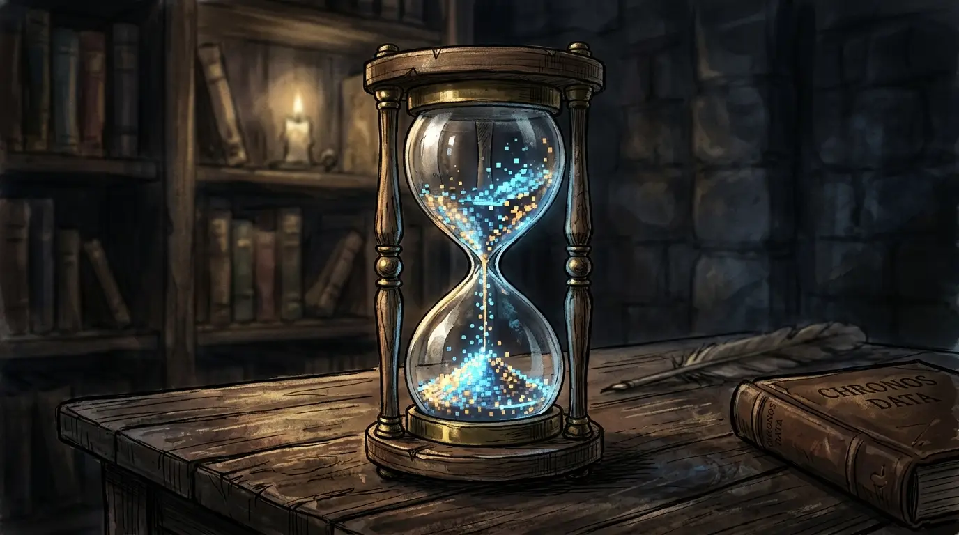 Ampulheta de vidro sobre mesa de madeira escura, metade vazia; em vez de areia, pequenos pixels digitais caem da parte superior, sugerindo consumo e perda de tempo; iluminação lateral dramática cria sombras profundas e atmosfera simbólica, remetendo à ideia de vício em pornografia, despersonalização e impacto negativo no tempo, nas relações e na saúde mental.