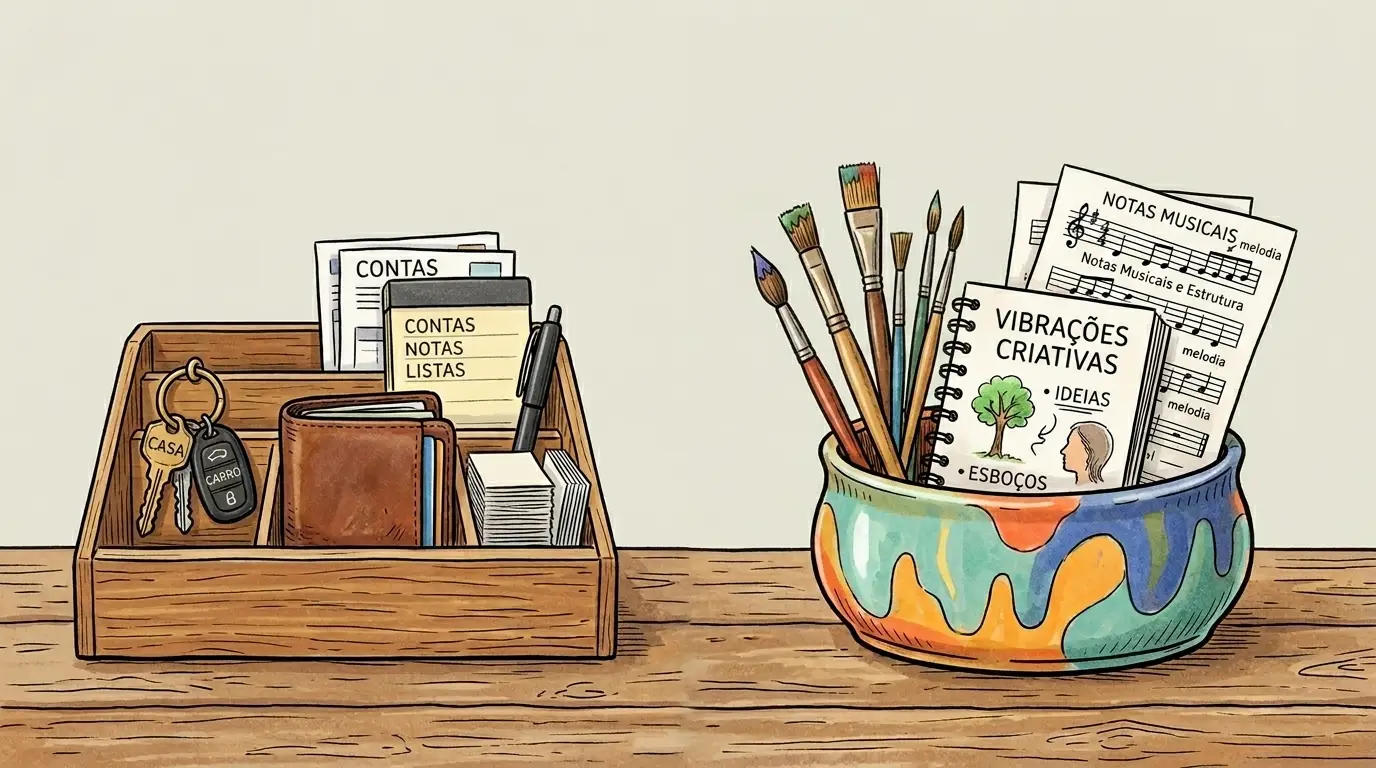 Composição minimalista dividida ao meio: de um lado, objetos práticos como chaves, carteira e documentos representando o trabalho para sobreviver; do outro, itens criativos como pincel, caderno e notas musicais simbolizando a realização pessoal, sobre fundo branco limpo.