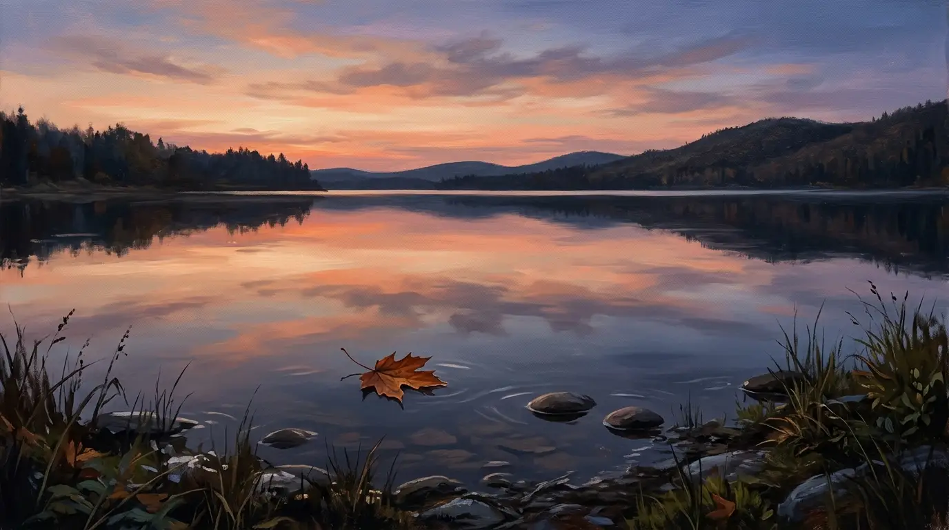 Imagem de um lago sereno ao entardecer, representando o alívio da ansiedade, a desaceleração da mente e o equilíbrio emocional no domingo à noite