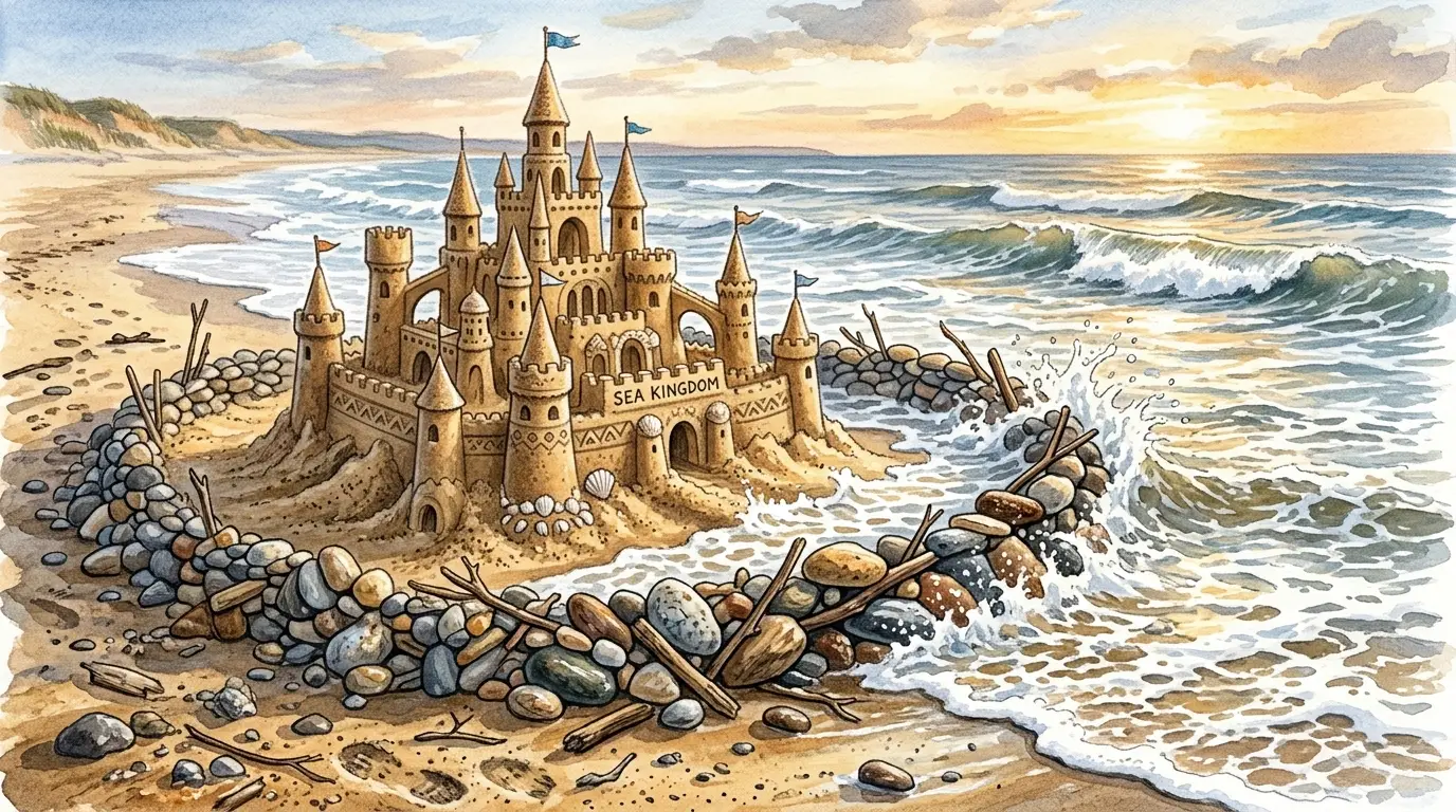 Castelo de areia na praia sendo protegido da maré subindo por uma pequena barreira de pedras organizadas ao seu redor.