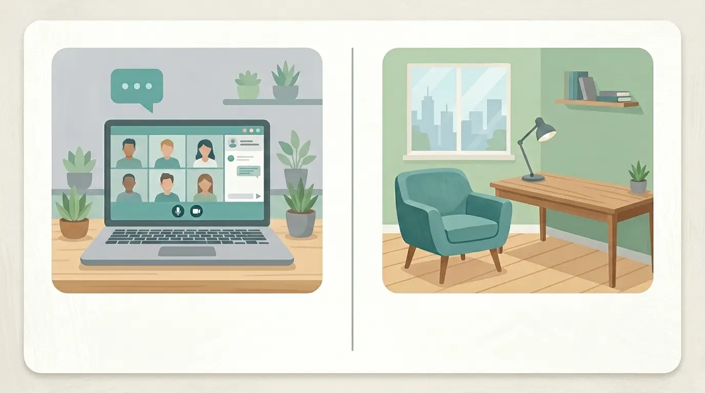 Ilustração dividida em dois painéis comparando a terapia online e a presencial. Do lado esquerdo, um computador com janela de videochamada representando o atendimento virtual. Do lado direito, um consultório de psicologia aconchegante com uma poltrona vazia.